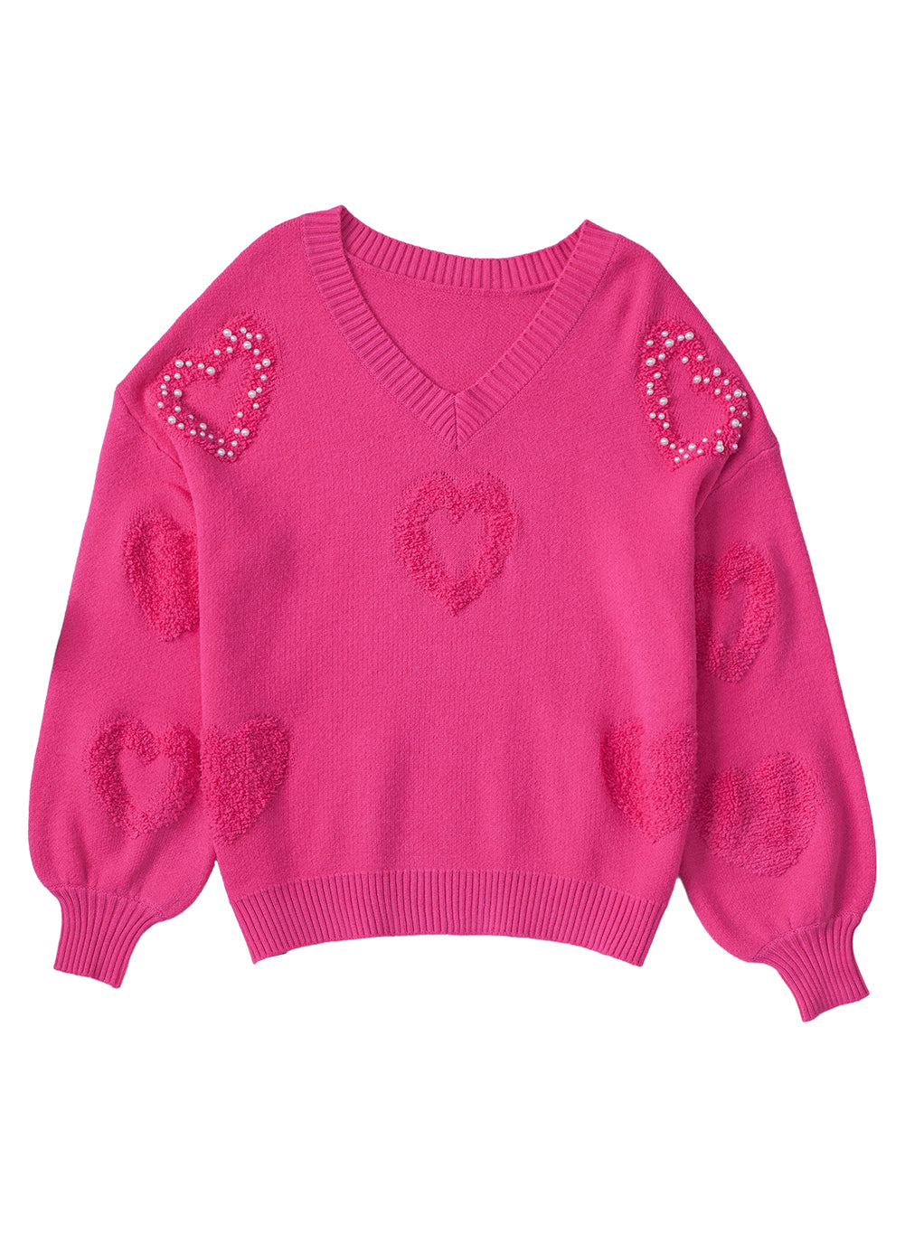 Adèle – Pull rose vif avec col en V, perles et détails en forme de cœur moelleux