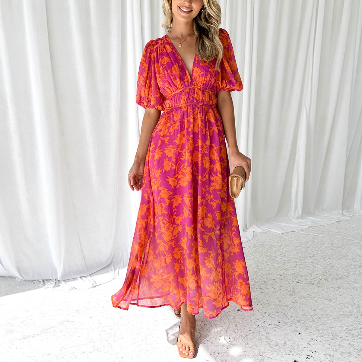 Isabelle – Robe imprimée en coton et lin avec col rond et coupe ample
