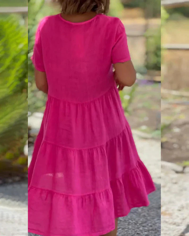 Robe en coton et lin avec décolleté en V