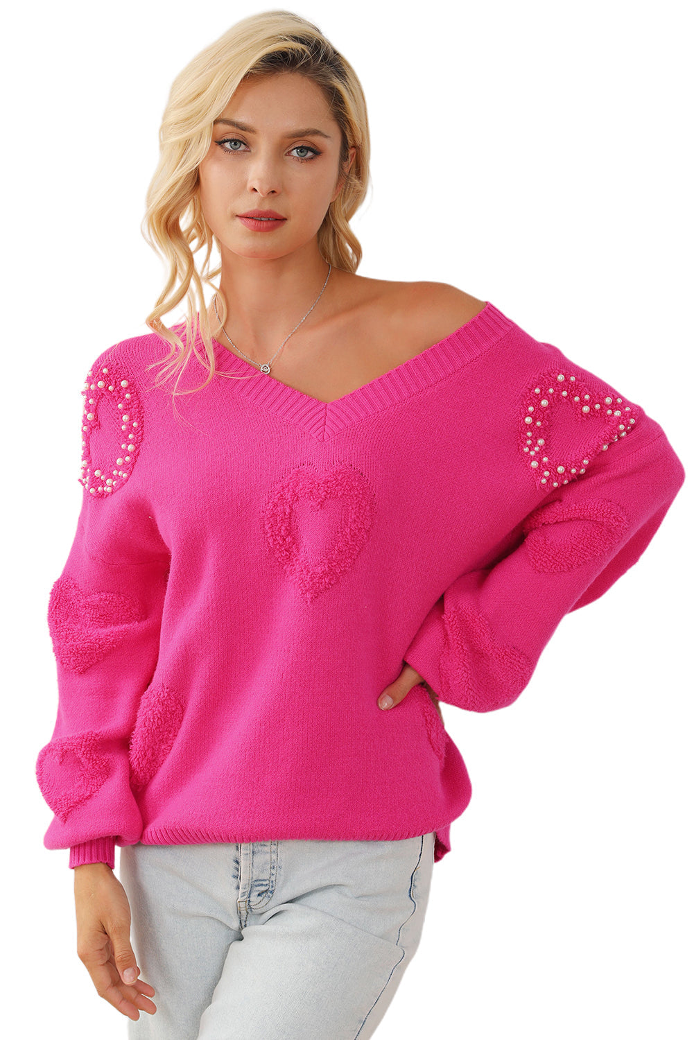 Adèle – Pull rose vif avec col en V, perles et détails en forme de cœur moelleux