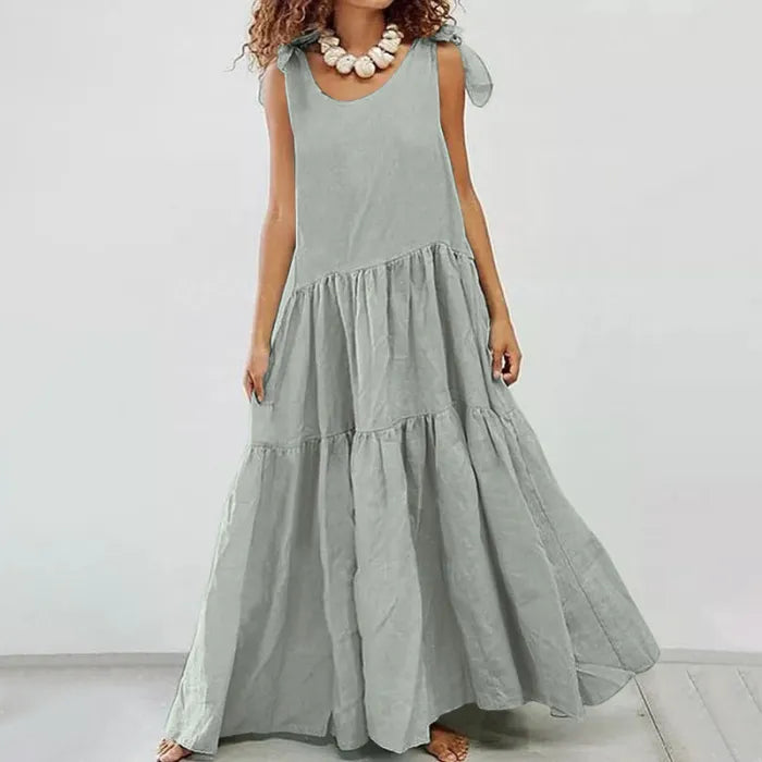 Roberta - robe longue à volants décontractée avec gilet à lacets de couleur unie