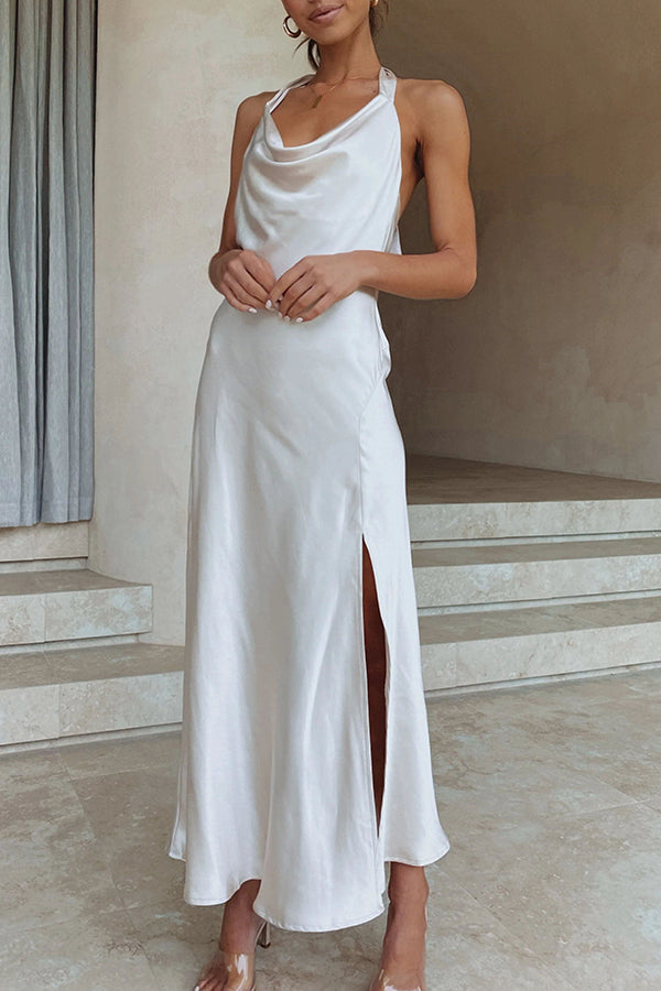 Olivia - Robe maxi dos nu Swan avec laçage, fente et fermeture éclair
