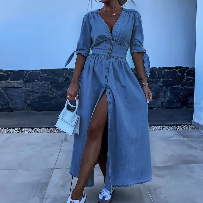 Amandine – Maxi-robe col V confectionnée en coton doux et respirant