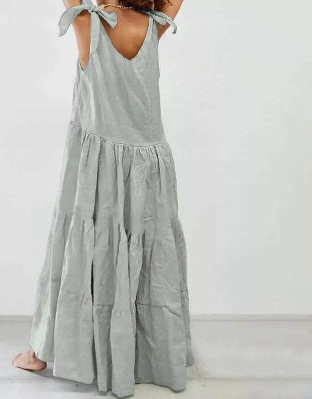 Roberta - robe longue à volants décontractée avec gilet à lacets de couleur unie