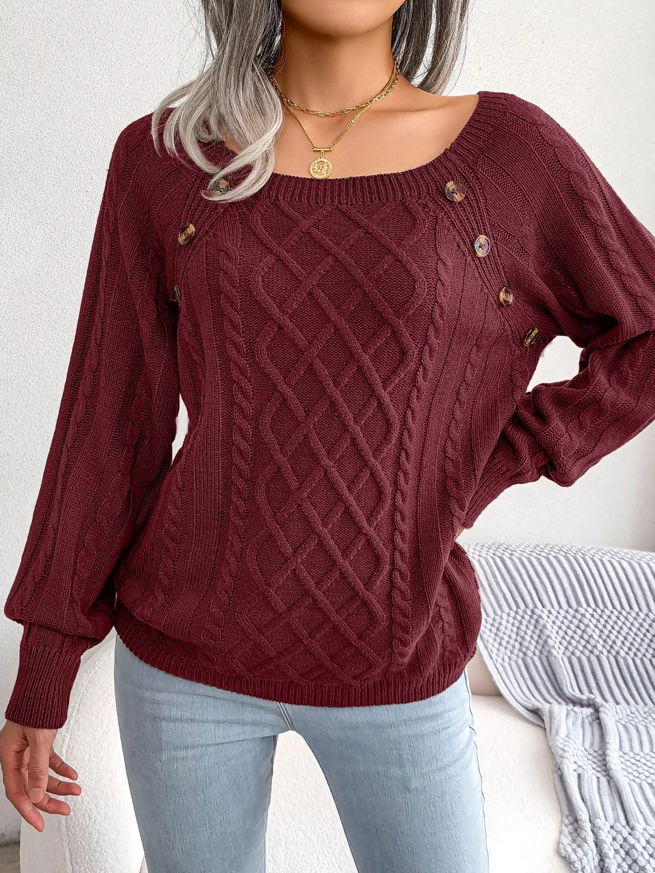 Céline – Pull en maille avec encolure carrée, élégant et intemporel