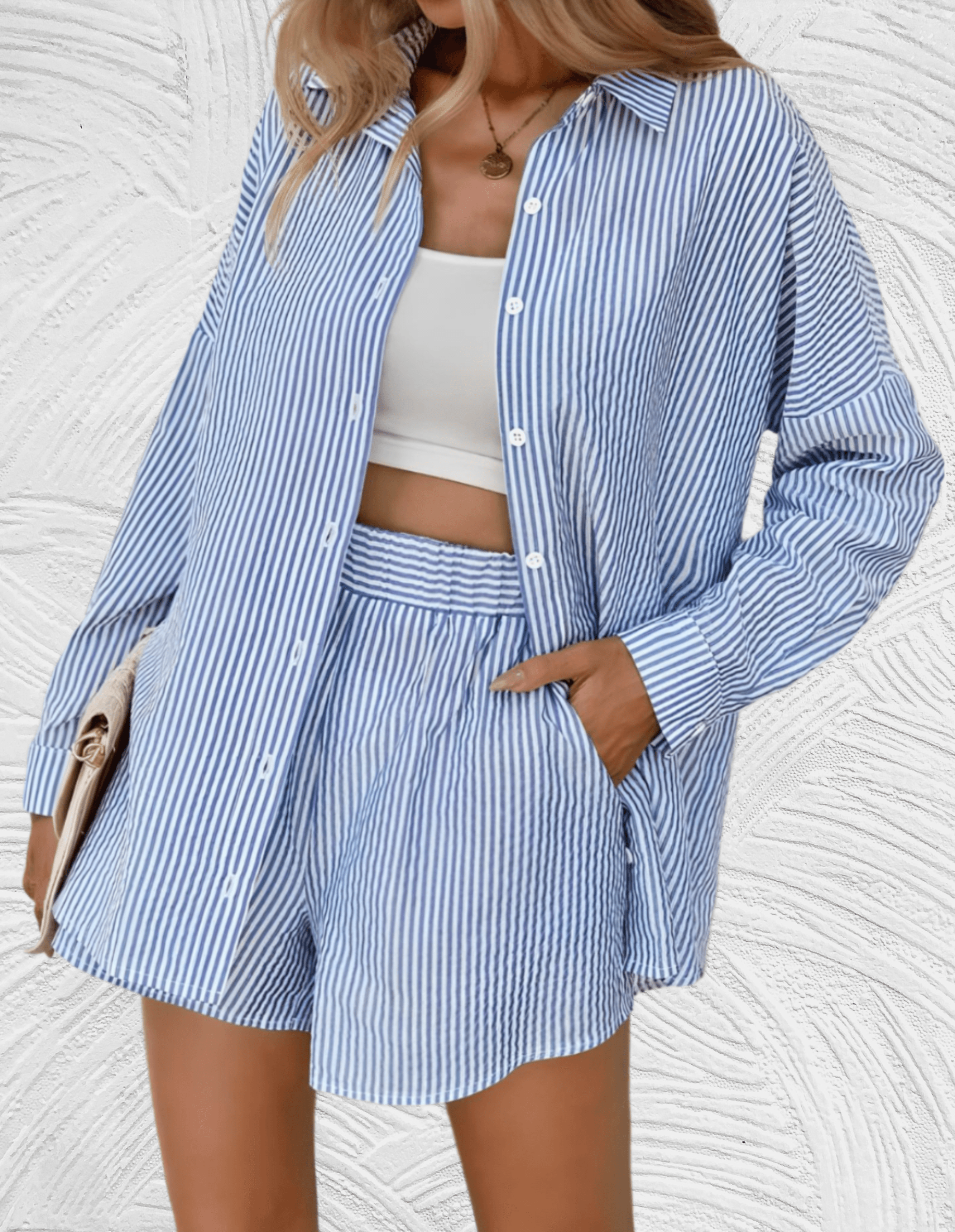 2-delige set met gestreept design met los poloshirt en bijpassende short met hoge taille en zijzakken