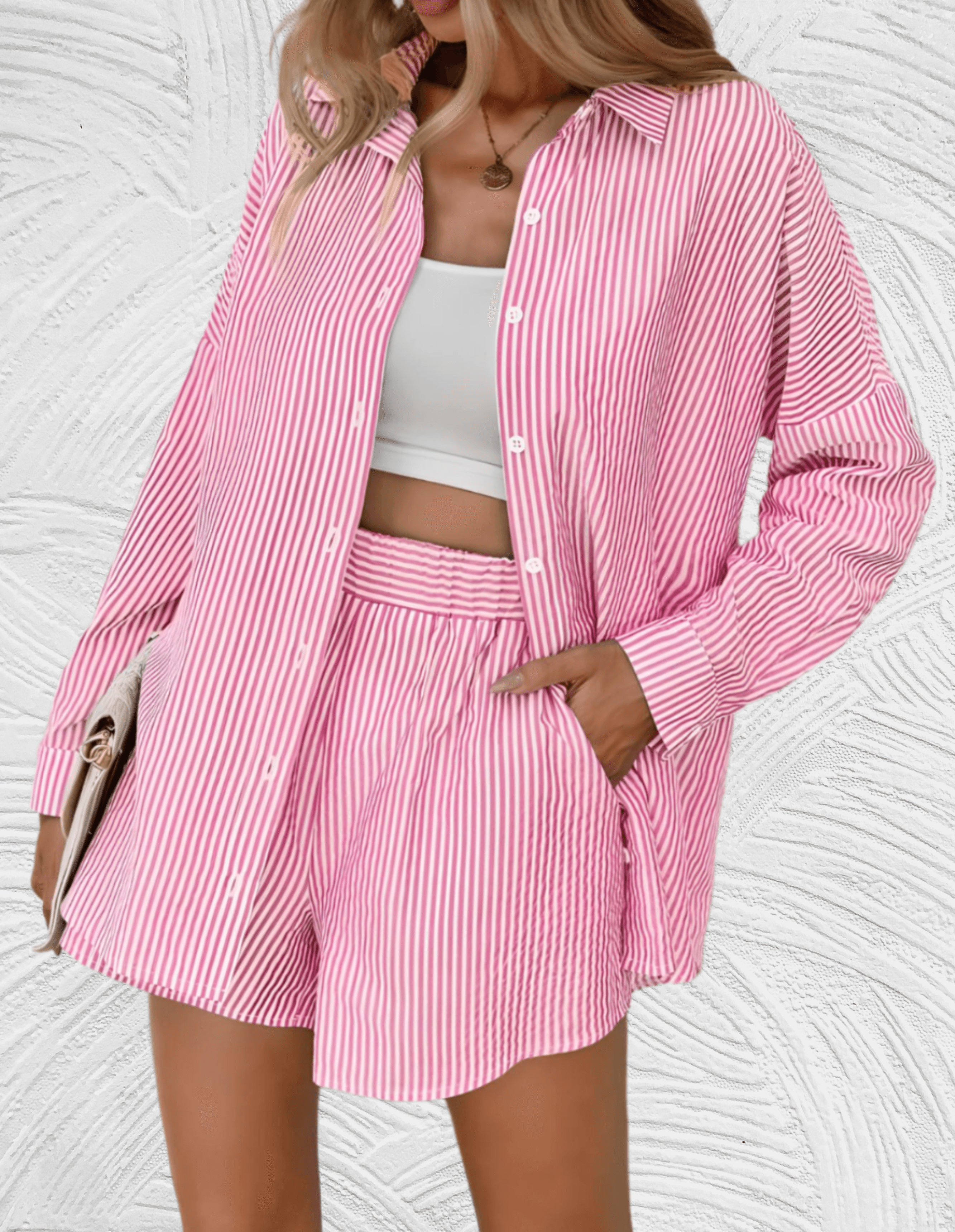 2-delige set met gestreept design met los poloshirt en bijpassende short met hoge taille en zijzakken