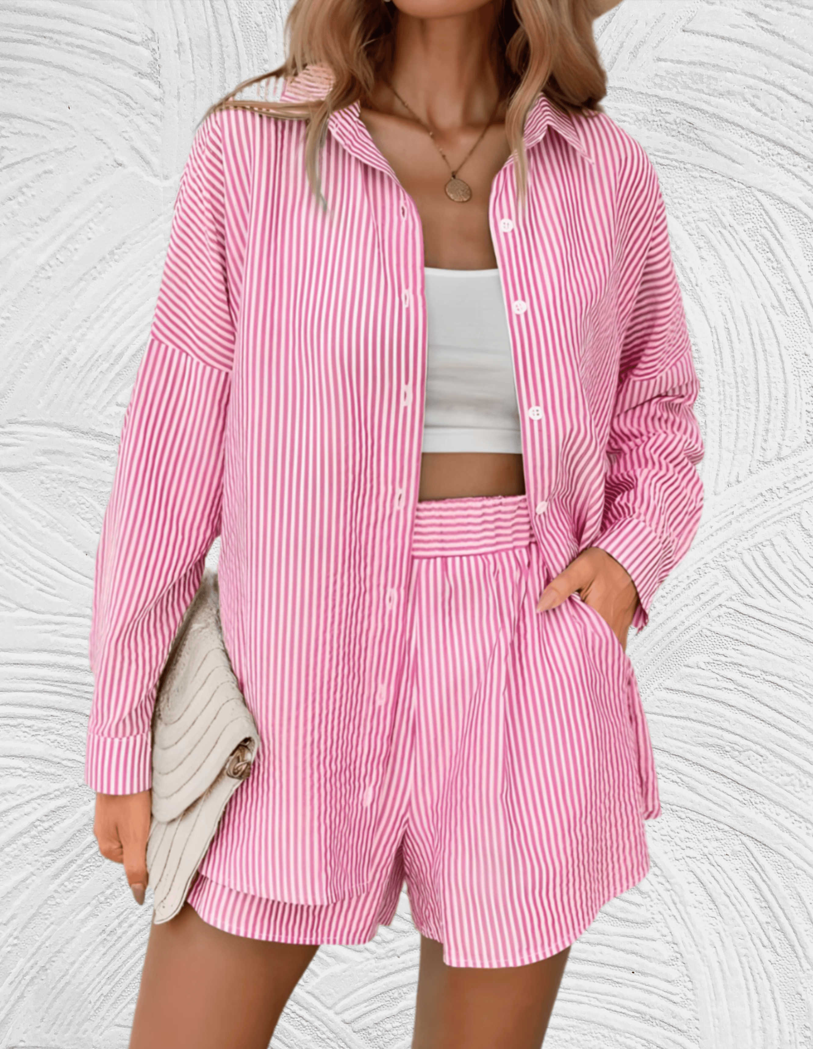 2-delige set met gestreept design met los poloshirt en bijpassende short met hoge taille en zijzakken
