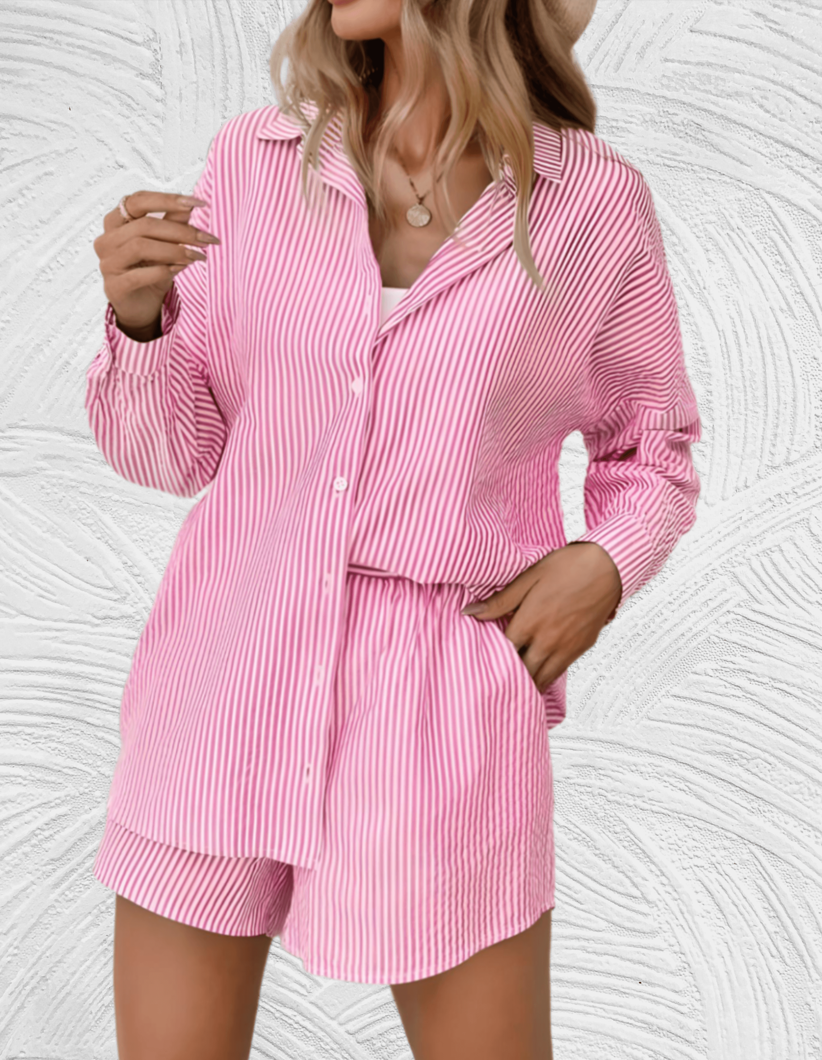 2-delige set met gestreept design met los poloshirt en bijpassende short met hoge taille en zijzakken