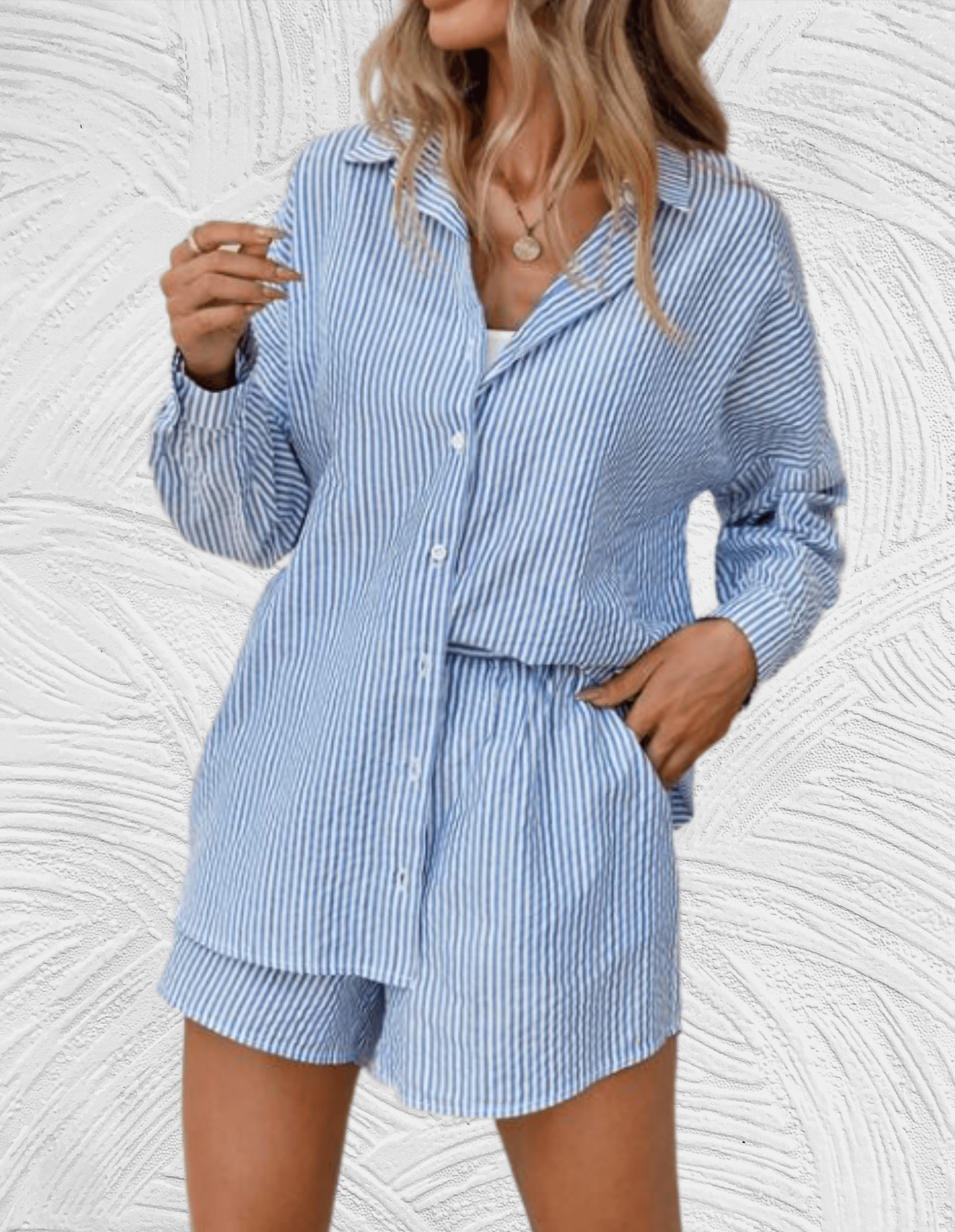 2-delige set met gestreept design met los poloshirt en bijpassende short met hoge taille en zijzakken