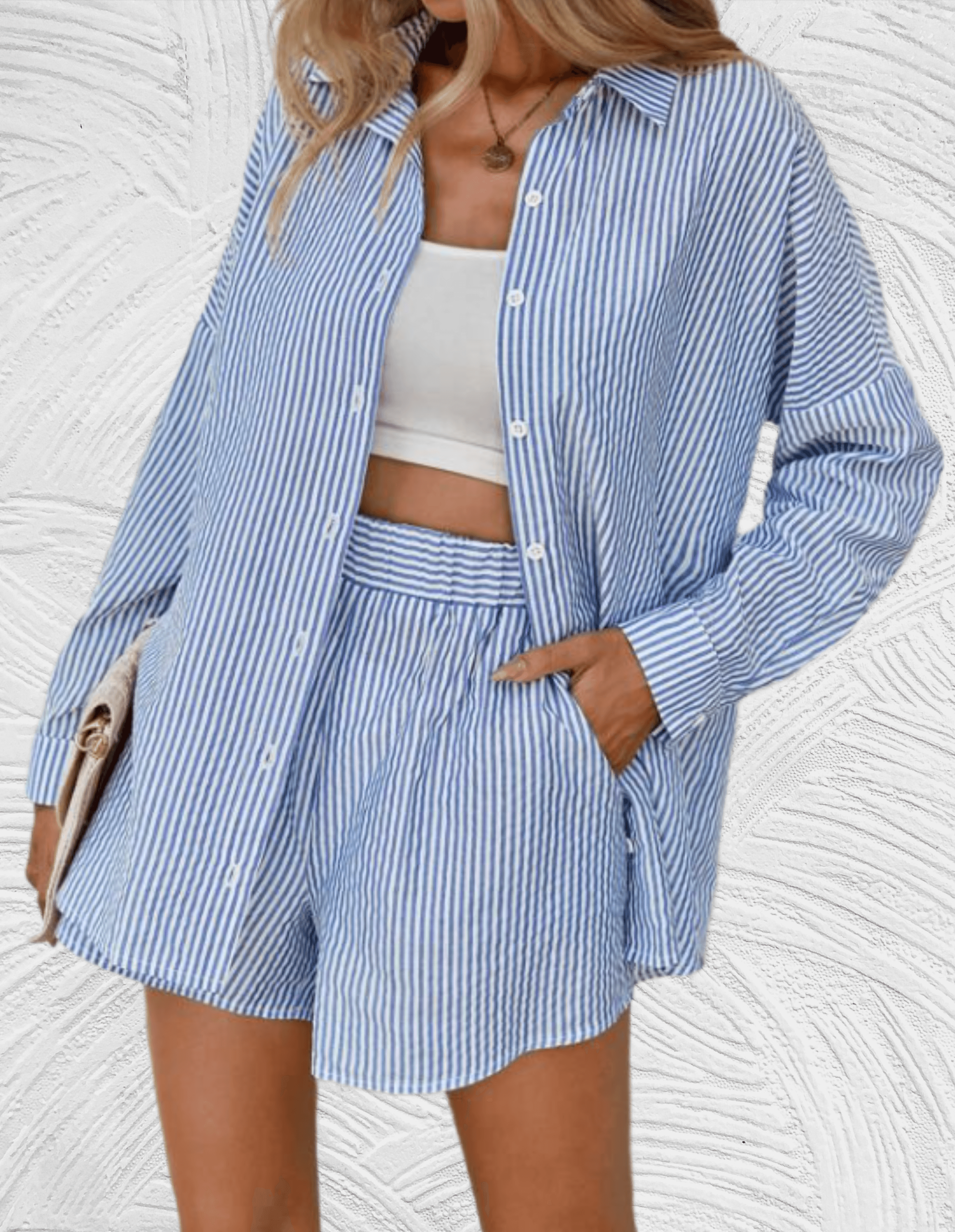 2-delige set met gestreept design met los poloshirt en bijpassende short met hoge taille en zijzakken
