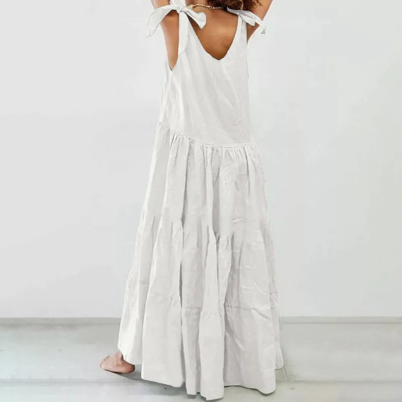 Roberta - robe longue à volants décontractée avec gilet à lacets de couleur unie