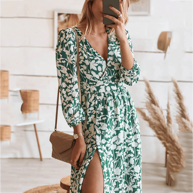 Ruth - Robe verte élégante et bohème avec imprimé floral blanc