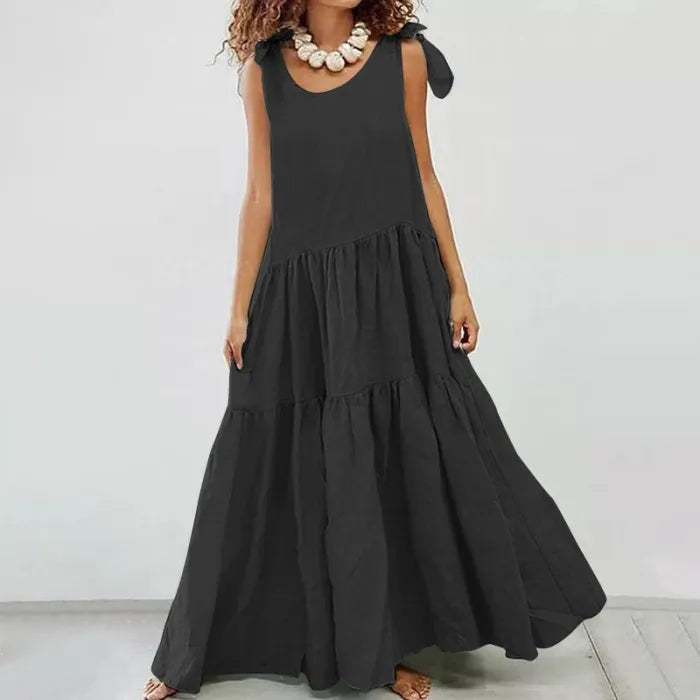 Roberta - robe longue à volants décontractée avec gilet à lacets de couleur unie