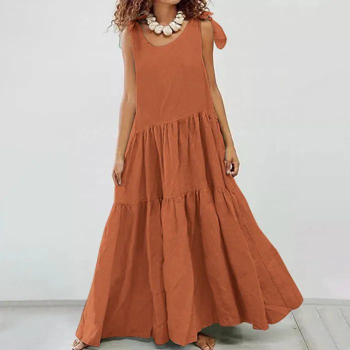 Roberta - robe longue à volants décontractée avec gilet à lacets de couleur unie