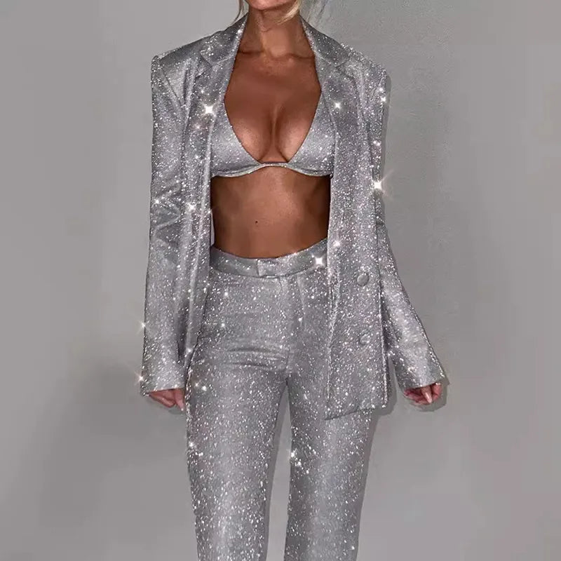 Ensemble 3 Pièces Brillant – Blazer à Revers, Soutien-Gorge et Pantalon Droit gris