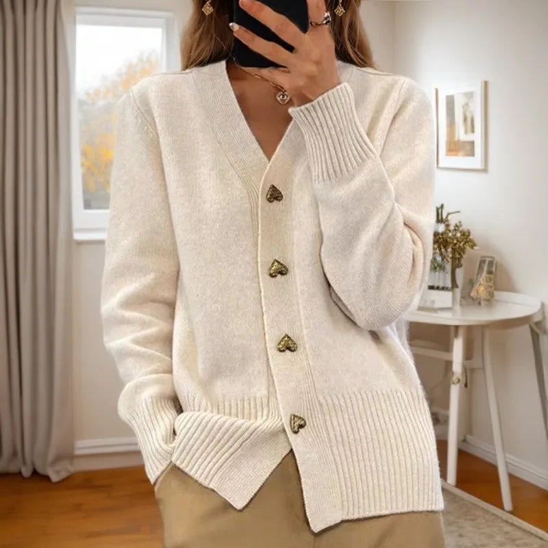 Cardigan Tricoté à Col V avec Boutons Cœur noir