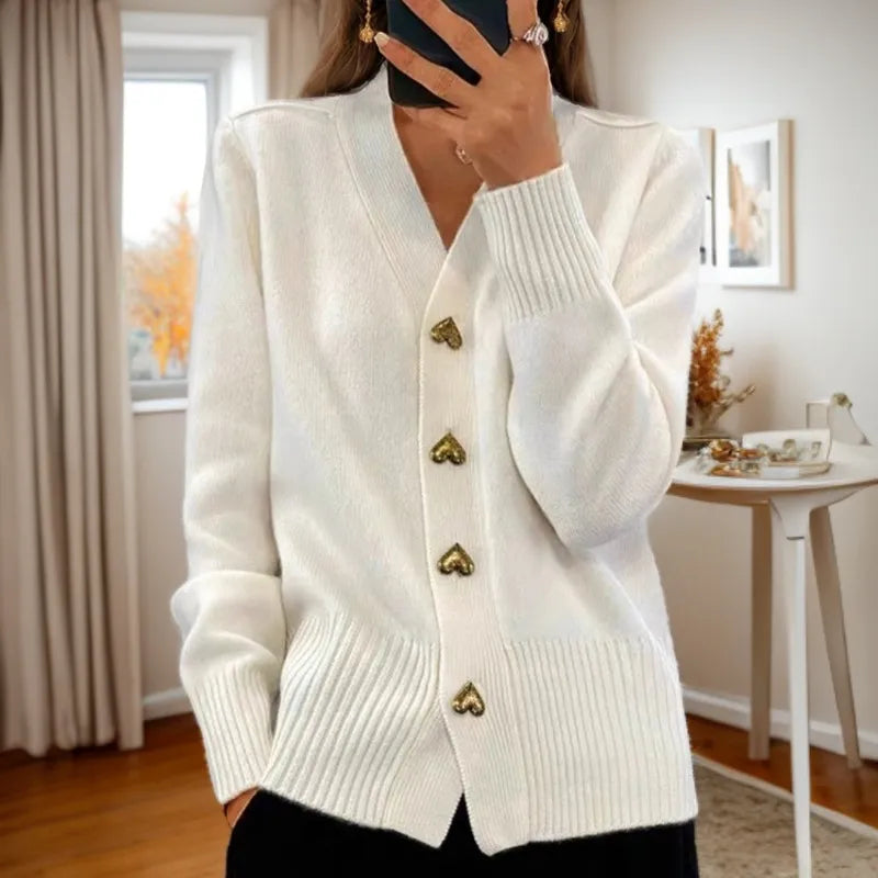 Cardigan Tricoté à Col V avec Boutons Cœur noir