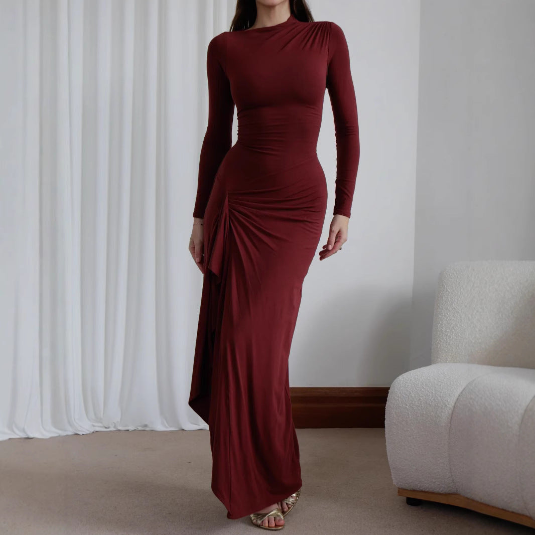 Robe longue asymétrique à manches longues rose