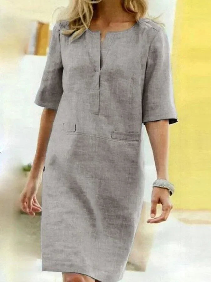 Helena - Robe manches courtes en coton et lin pour femme