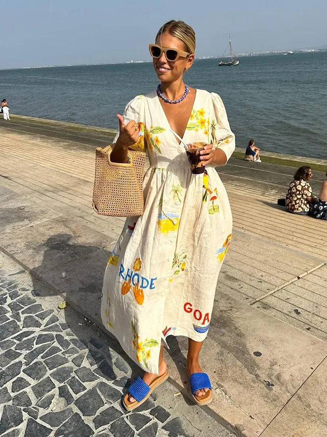 Valentina - Robe midi imprimée en lin