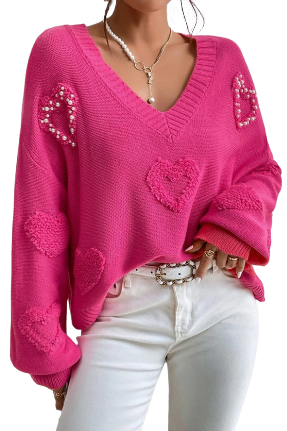 Adèle – Pull rose vif avec col en V, perles et détails en forme de cœur moelleux