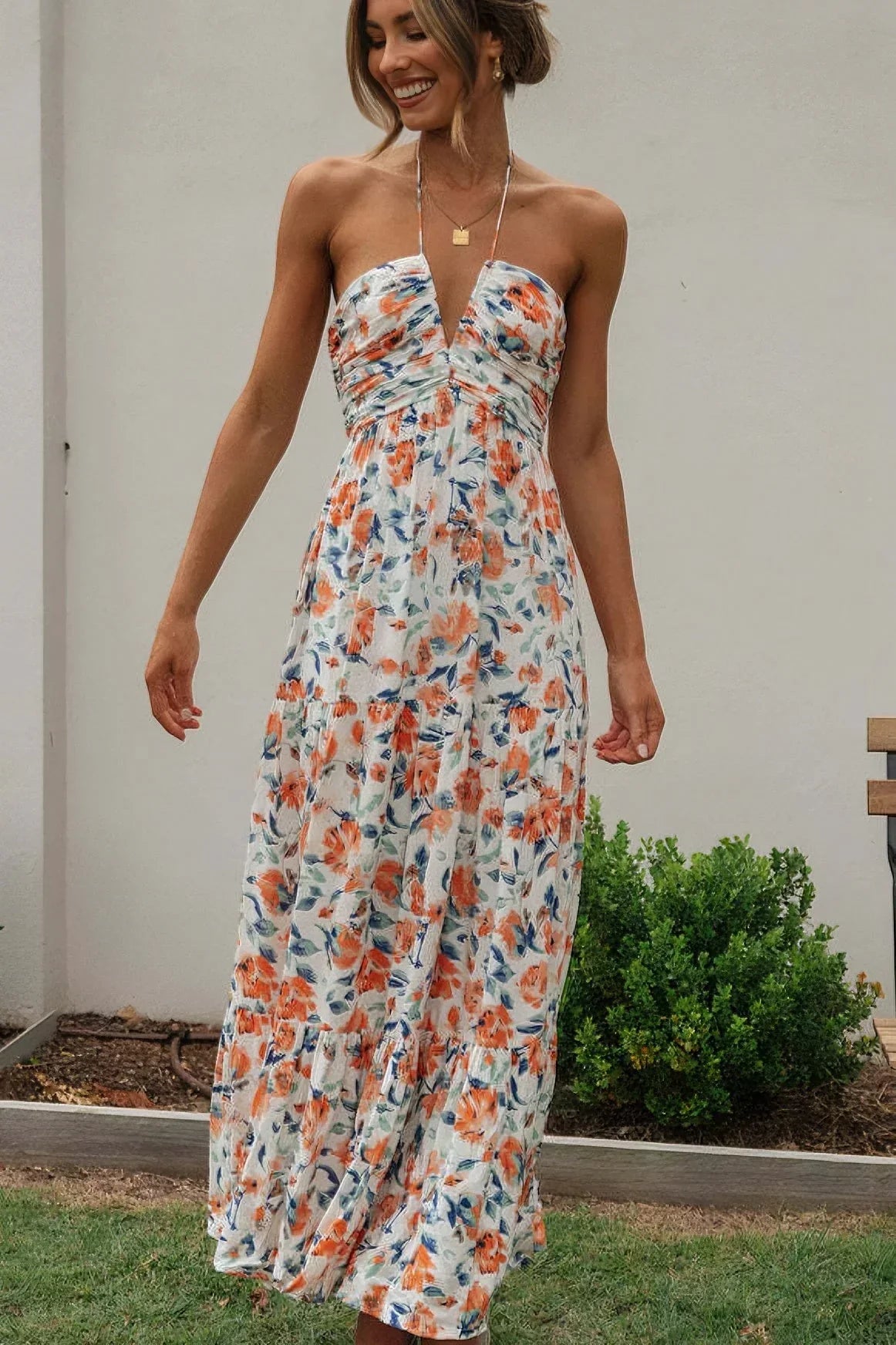 Domenica - Longue robe patchwork sans manches, décolleté en V et ourlet large