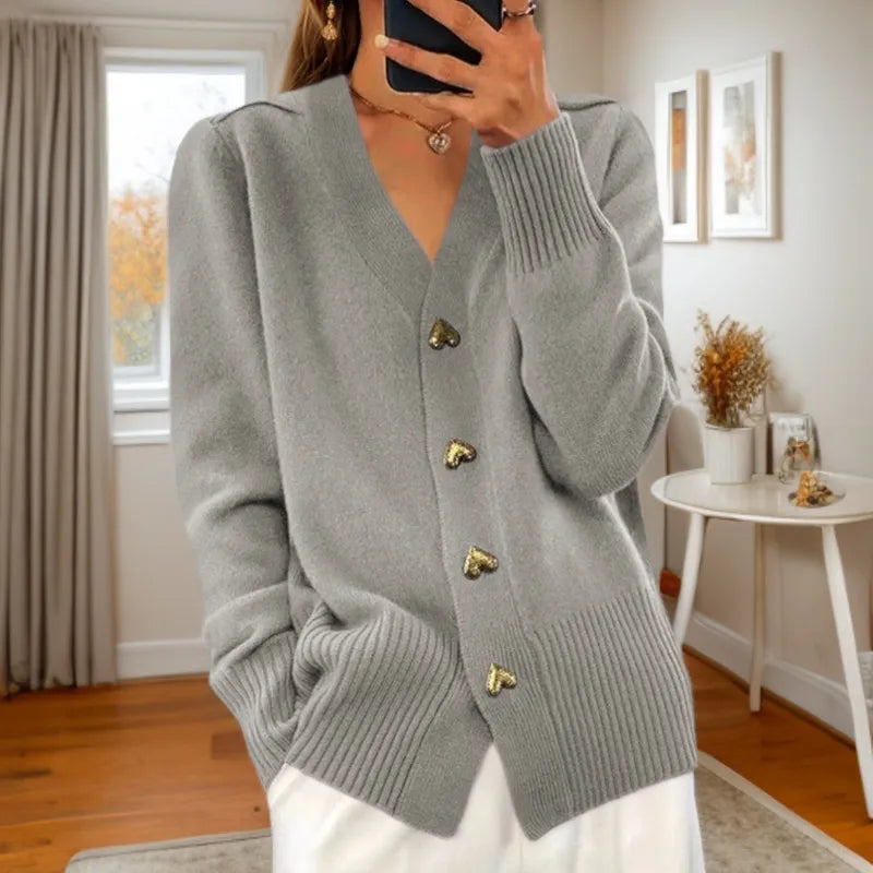 Cardigan Tricoté à Col V avec Boutons Cœur noir
