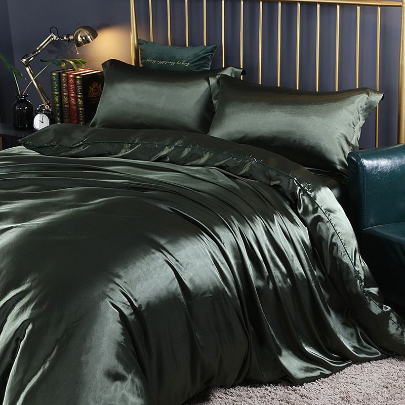 SatinLuxe – Ensemble de literie en soie/satin de 4 pièces avec housse de couette, taies d’oreiller et drap