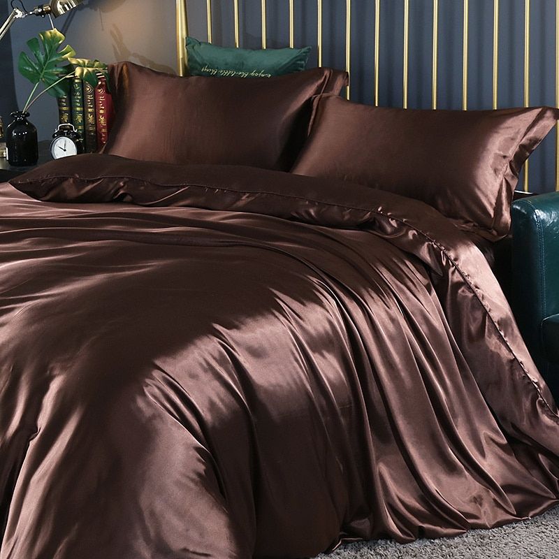 SatinLuxe – Ensemble de literie en soie/satin de 4 pièces avec housse de couette, taies d’oreiller et drap