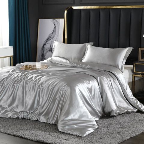 SatinLuxe – Ensemble de literie en soie/satin de 4 pièces avec housse de couette, taies d’oreiller et drap