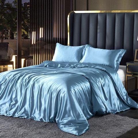 SatinLuxe – Ensemble de literie en soie/satin de 4 pièces avec housse de couette, taies d’oreiller et drap