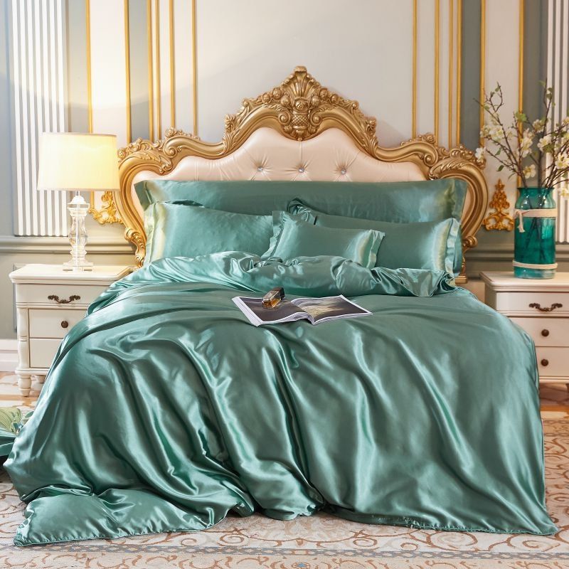 SatinLuxe – Ensemble de literie en soie/satin de 4 pièces avec housse de couette, taies d’oreiller et drap
