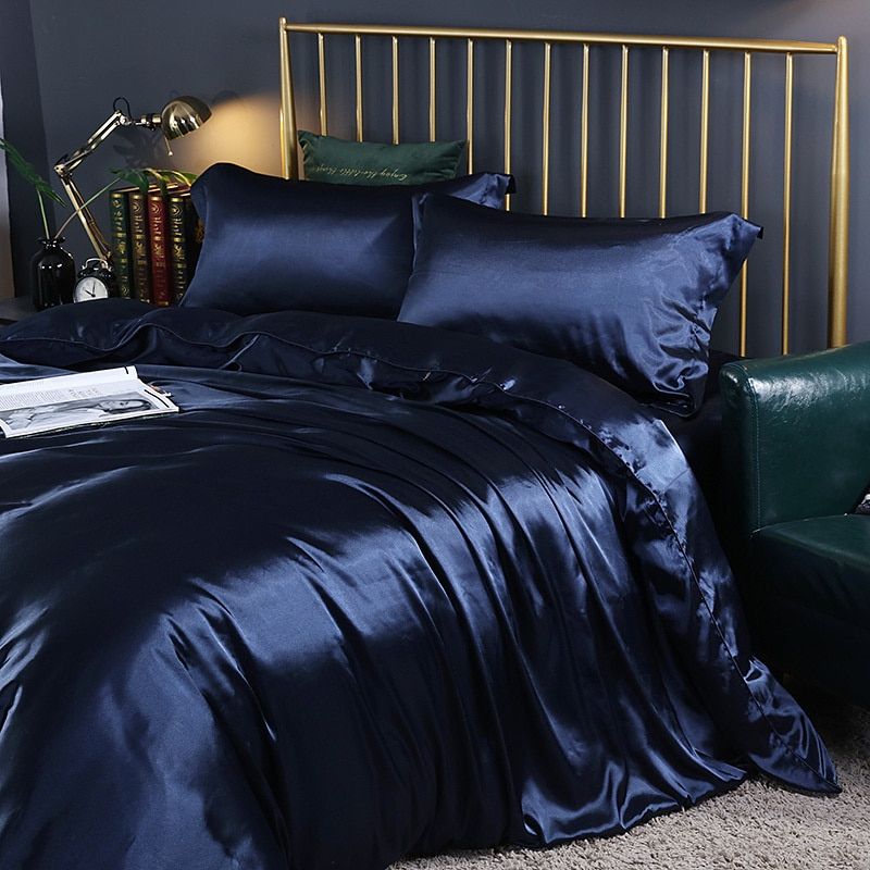 SatinLuxe – Ensemble de literie en soie/satin de 4 pièces avec housse de couette, taies d’oreiller et drap