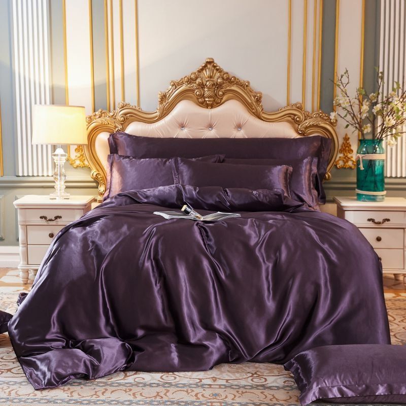 SatinLuxe – Ensemble de literie en soie/satin de 4 pièces avec housse de couette, taies d’oreiller et drap