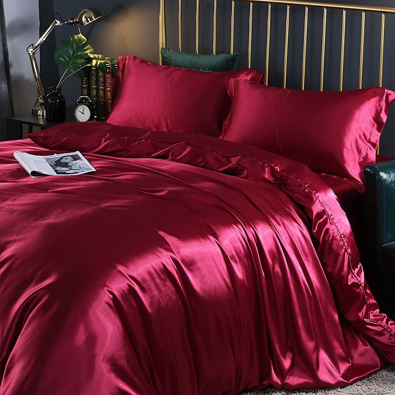 SatinLuxe – Ensemble de literie en soie/satin de 4 pièces avec housse de couette, taies d’oreiller et drap