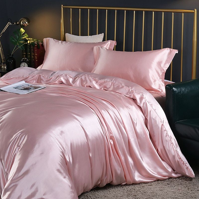 SatinLuxe – Ensemble de literie en soie/satin de 4 pièces avec housse de couette, taies d’oreiller et drap