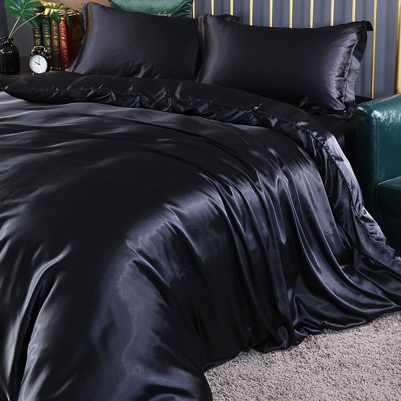 SatinLuxe – Ensemble de literie en soie/satin de 4 pièces avec housse de couette, taies d’oreiller et drap