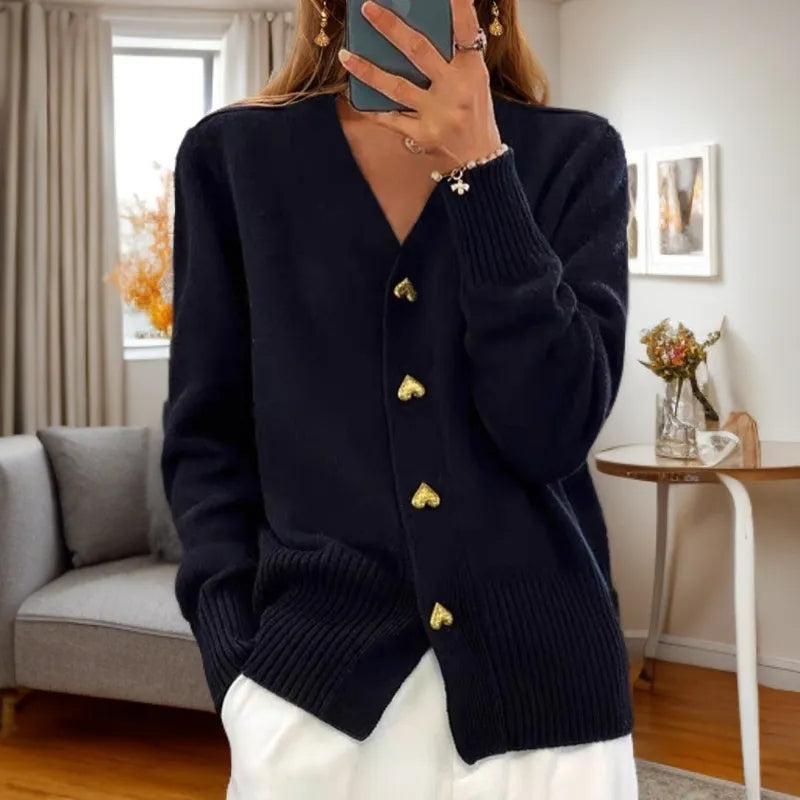 Cardigan Tricoté à Col V avec Boutons Cœur noir