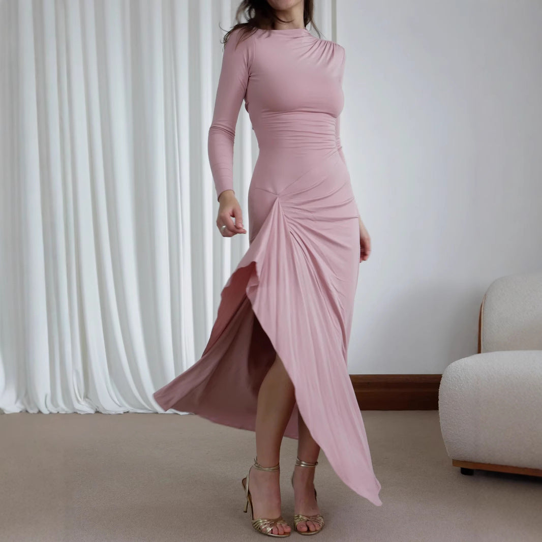 Robe longue asymétrique à manches longues rose