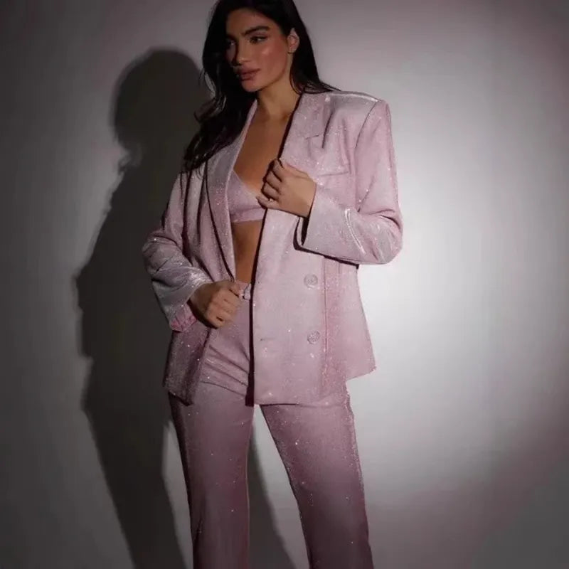 Ensemble 3 Pièces Brillant – Blazer à Revers, Soutien-Gorge et Pantalon Droit gris