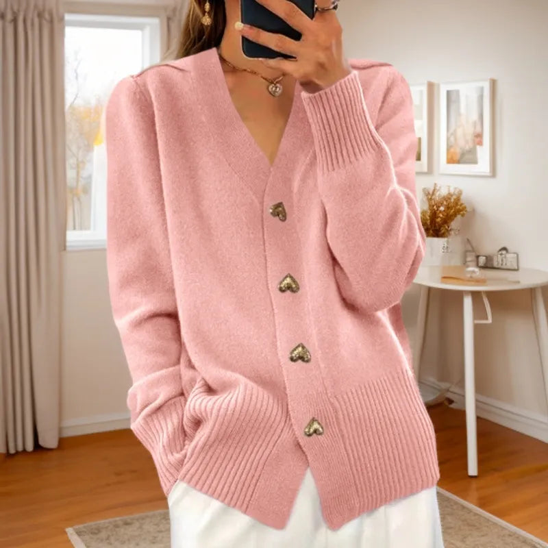 Cardigan Tricoté à Col V avec Boutons Cœur noir
