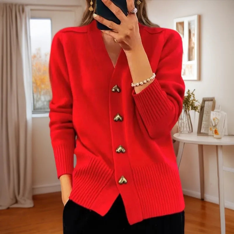 Cardigan Tricoté à Col V avec Boutons Cœur noir