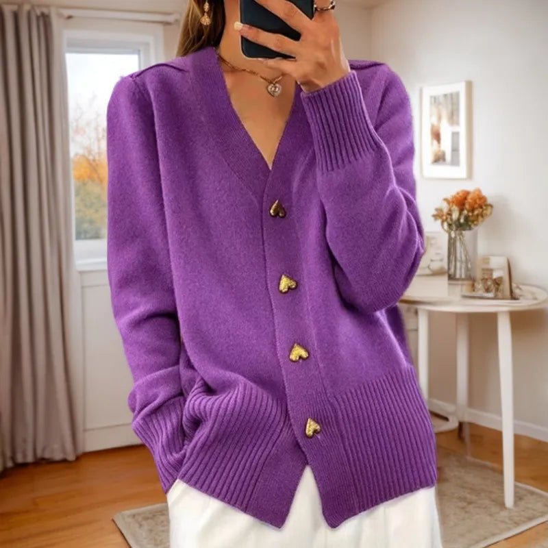 Cardigan Tricoté à Col V avec Boutons Cœur noir