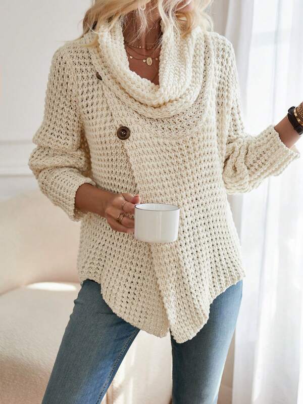 Ninon - Pull beige uni à col montant