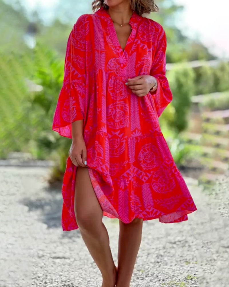 Florine - Robe à manches 3/4 à imprimé géométrique Boho