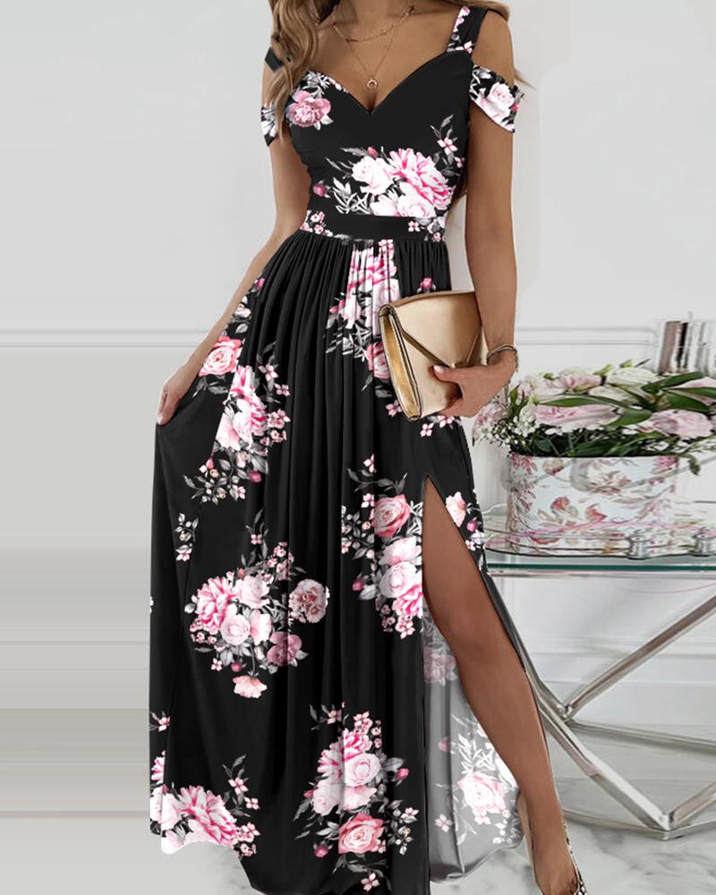 Elena - Robe maxi à épaules froides avec fente haute et imprimé floral