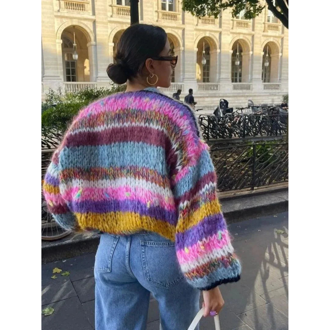 Aline | Cardigan à Carreaux Pour Femmes | Rayures arc-en-Ciel