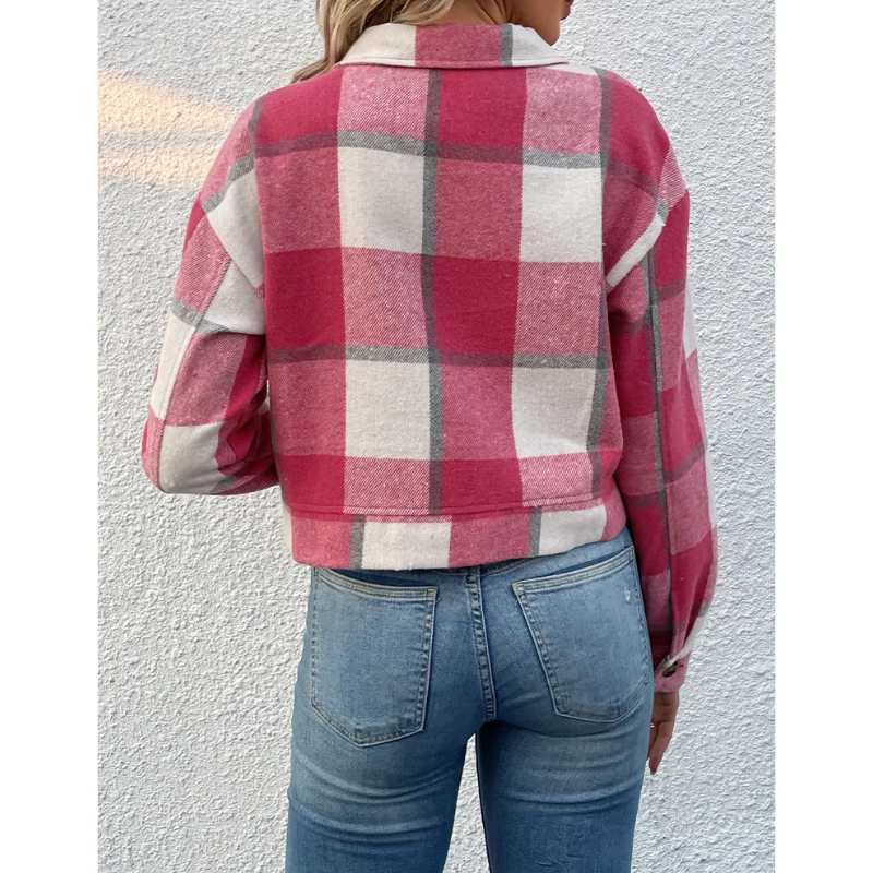 Diane - Blouson Bomber à Carreaux, Modèle Court avec Fermeture à Boutons et Fermeture Éclair