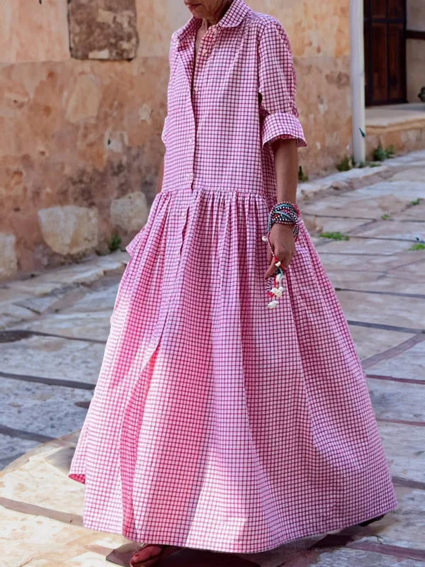 Léa - Robe à Carreaux en Coton et Lin à Manches Longues